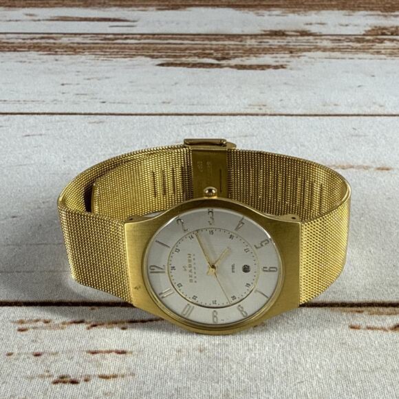 Skagen 36mm Gold-Tone Steel White Dial Mesh Bracelet Mens Quartz Watch 233XLGG - Picture 1 of 5